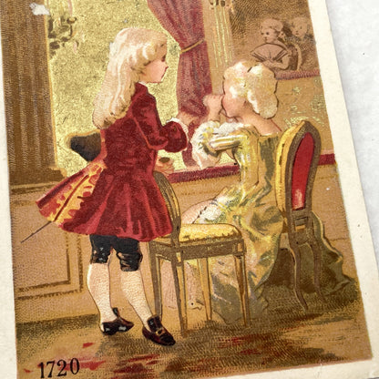 Late 19th - Maison de la Belle Jardinière Trade Card - Gilt Advertising Chromo - 18th Century Fashion Illustration - Department Store