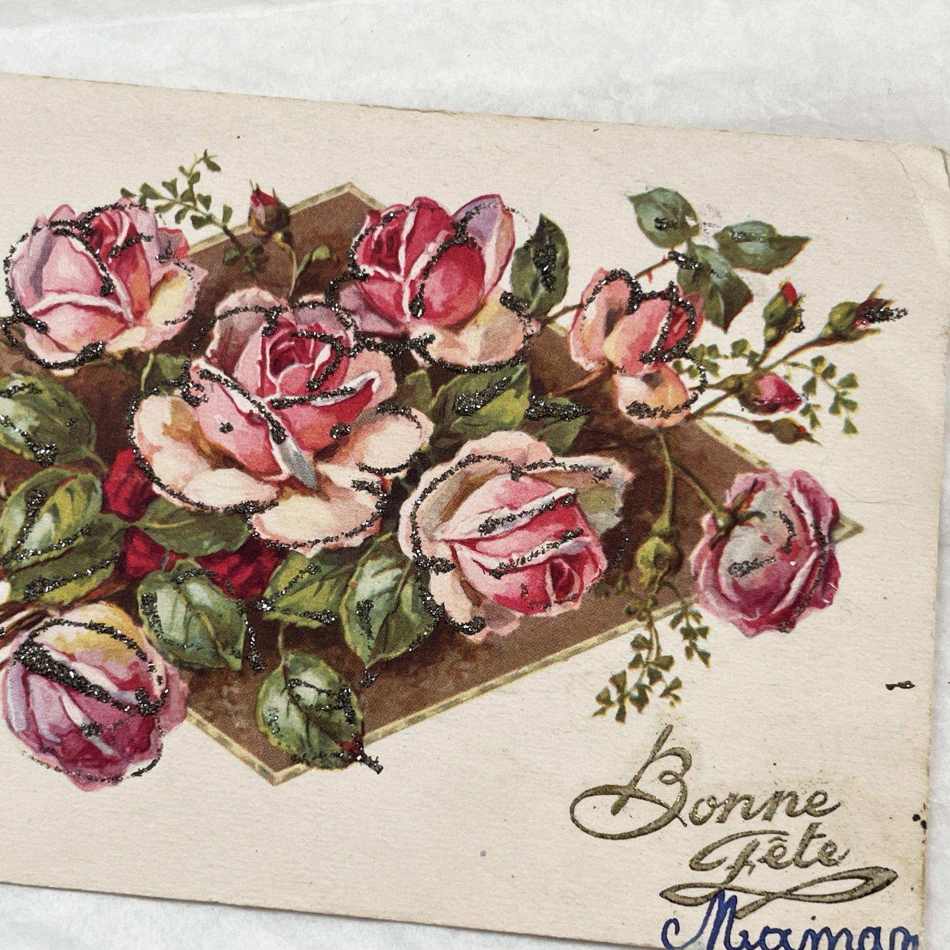 1915s - Antique French Mother's Day Postcard - Glitter Embossed Roses - Vintage Floral Greeting Card for Mom - Sentimental Ephemera