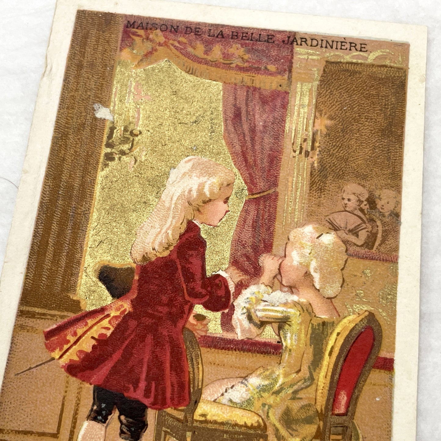 Late 19th - Maison de la Belle Jardinière Trade Card - Gilt Advertising Chromo - 18th Century Fashion Illustration - Department Store