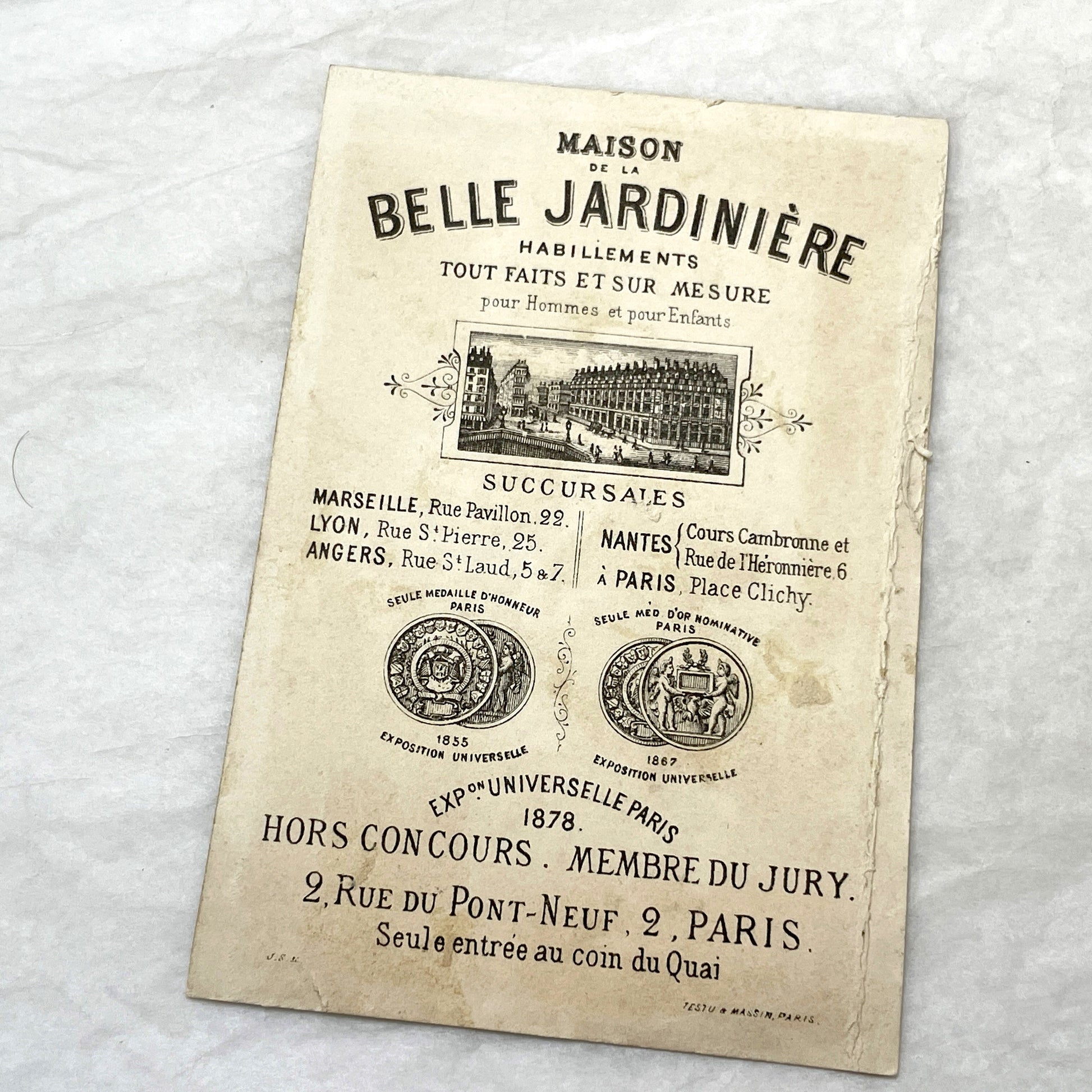 Late 19th - Maison de la Belle Jardinière Trade Card - Gilt Advertising Chromo - 18th Century Fashion Illustration - Department Store