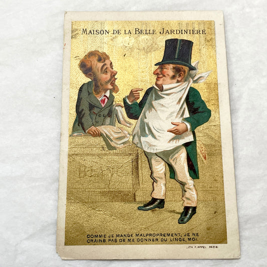 Late 19th - Humorous French Advertising Trade Card - Maison de la Belle Jardinière Fashion Brand - Vintage Ephemera Collectible