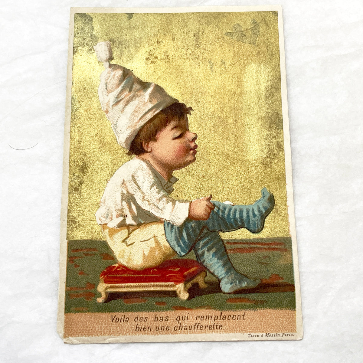 Late 19th - French Advertising Card - Gilt Child Illustration - La Belle Jardinière Clothing Store - Paris Fashion History