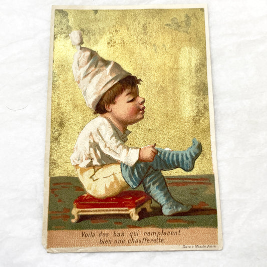 Late 19th - French Advertising Card - Gilt Child Illustration - La Belle Jardinière Clothing Store - Paris Fashion History