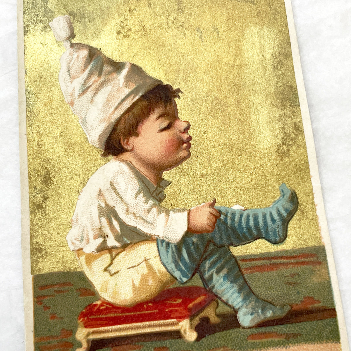 Late 19th - French Advertising Card - Gilt Child Illustration - La Belle Jardinière Clothing Store - Paris Fashion History