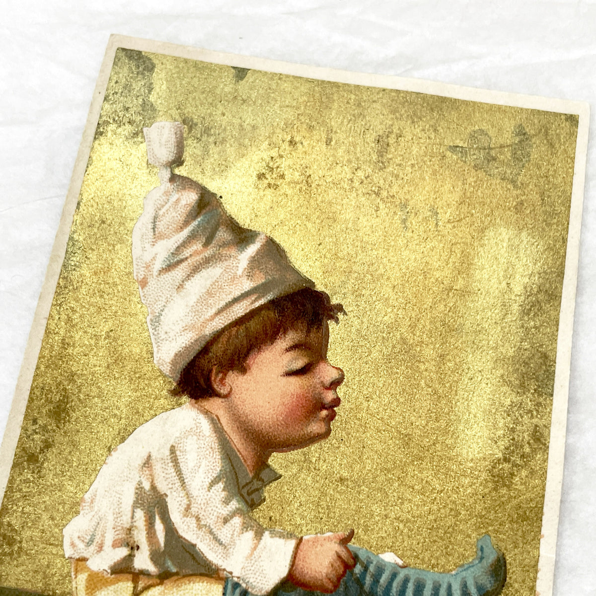 Late 19th - French Advertising Card - Gilt Child Illustration - La Belle Jardinière Clothing Store - Paris Fashion History