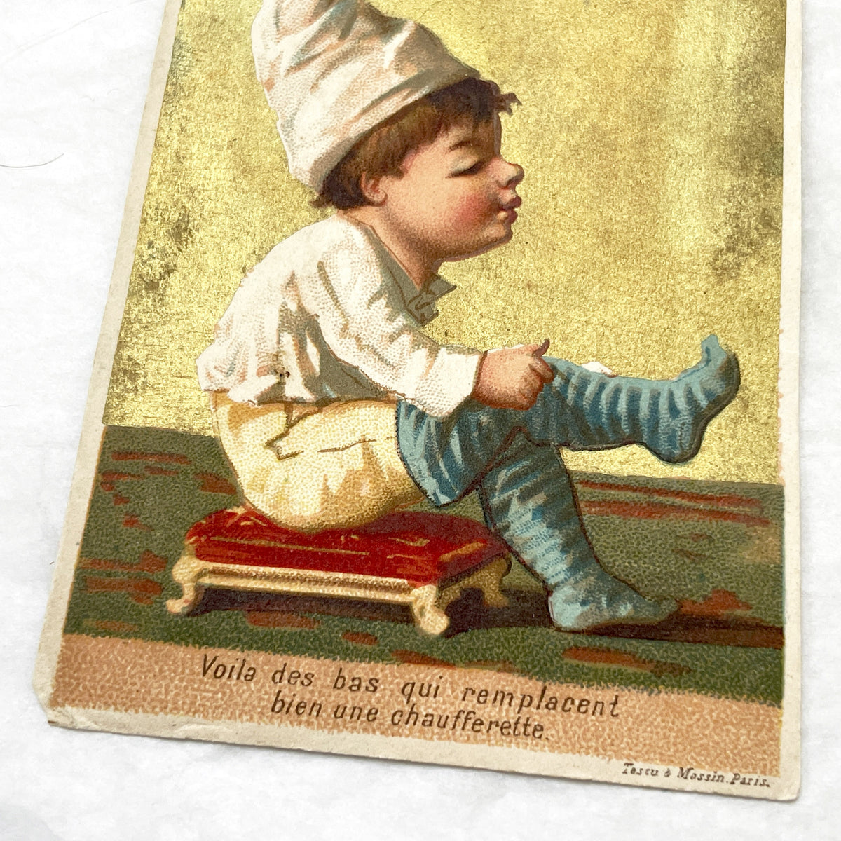 Late 19th - French Advertising Card - Gilt Child Illustration - La Belle Jardinière Clothing Store - Paris Fashion History