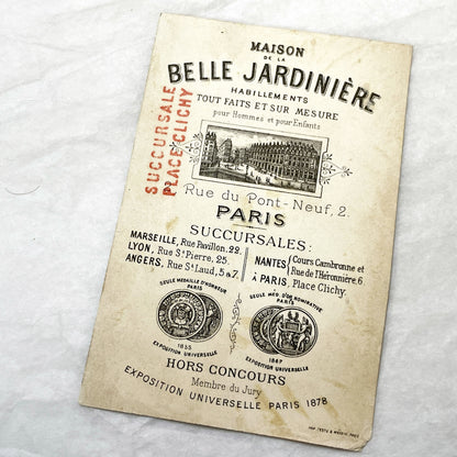 Late 19th - French Advertising Card - Gilt Child Illustration - La Belle Jardinière Clothing Store - Paris Fashion History