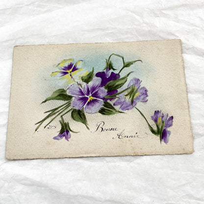 1910s - Hand Painted Watercolor Pansy Bouquet Happy New Year Greeting Card - Original Antique French Floral Art - Collectible