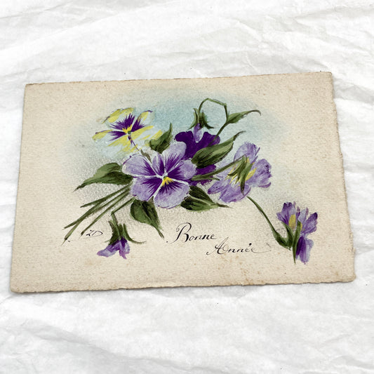 1910s - Hand Painted Watercolor Pansy Bouquet Happy New Year Greeting Card - Original Antique French Floral Art - Collectible