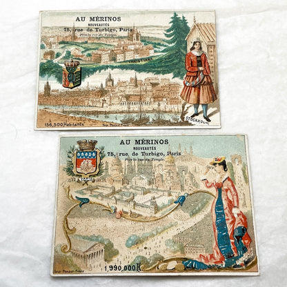 Late 19th - 2 Parisian Advertising Cards - Novelty Store - Fashion - Paris - Christiania - Stockholm - Vintage Ephemera - Collectible Ads