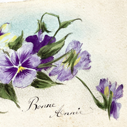 1910s - Hand Painted Watercolor Pansy Bouquet Happy New Year Greeting Card - Original Antique French Floral Art - Collectible