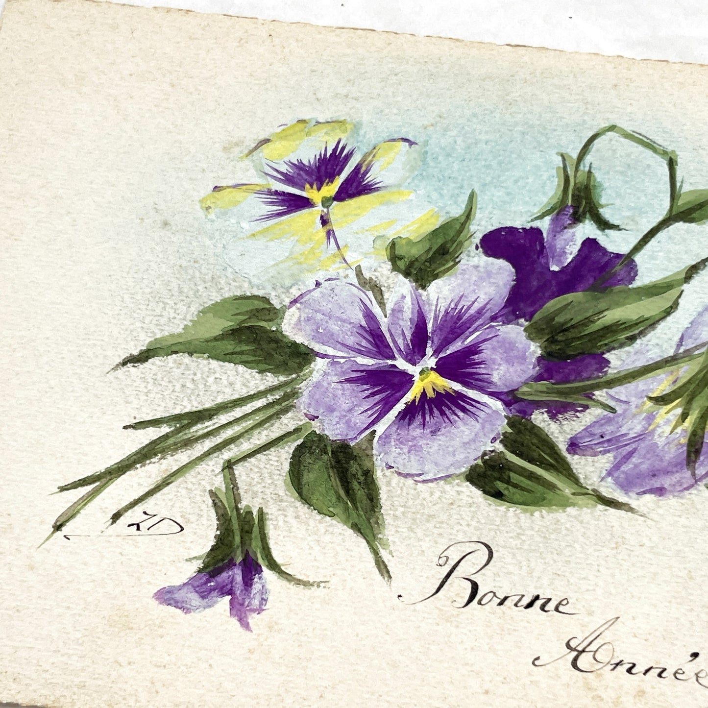1910s - Hand Painted Watercolor Pansy Bouquet Happy New Year Greeting Card - Original Antique French Floral Art - Collectible