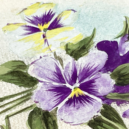1910s - Hand Painted Watercolor Pansy Bouquet Happy New Year Greeting Card - Original Antique French Floral Art - Collectible