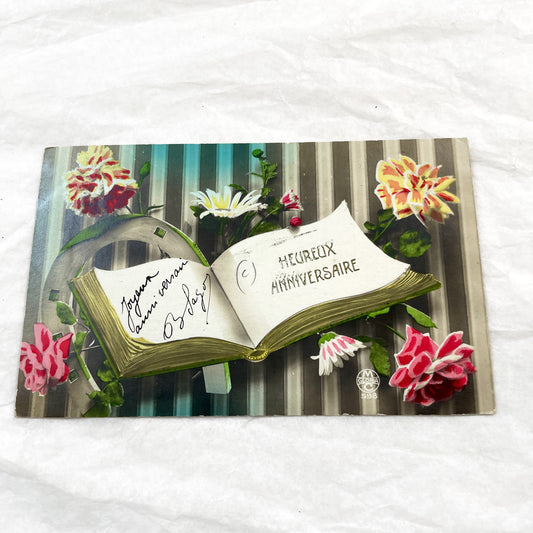 1910s - French Happy Birthday Postcard - Antique Floral Book - Gloria M Publisher - Vintage Good Luck Horseshoe Greetings Card