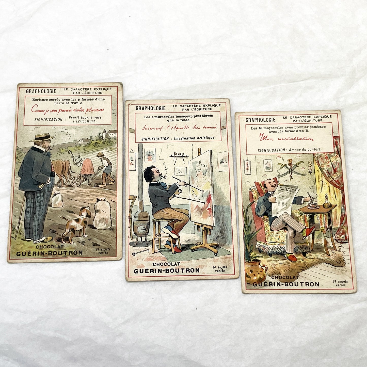 1900s - 3 French Graphology Advertising Cards - Chocolat Guérin-Boutron Collectibles - Vintage Illustrated Trade Cards for Journals