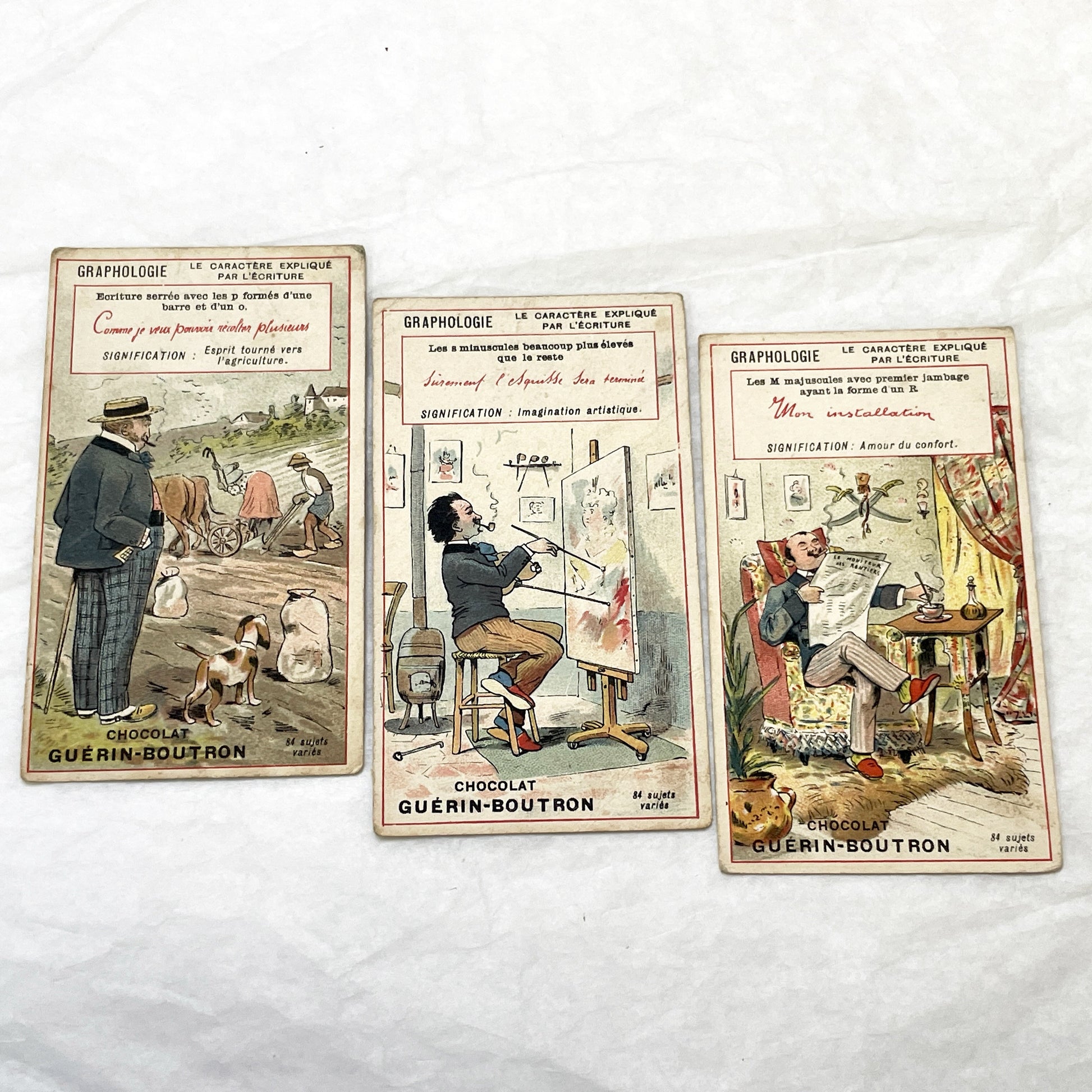 1900s - 3 French Graphology Advertising Cards - Chocolat Guérin-Boutron Collectibles - Vintage Illustrated Trade Cards for Journals
