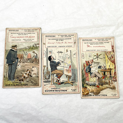 1900s - 3 French Graphology Advertising Cards - Chocolat Guérin-Boutron Collectibles - Vintage Illustrated Trade Cards for Journals
