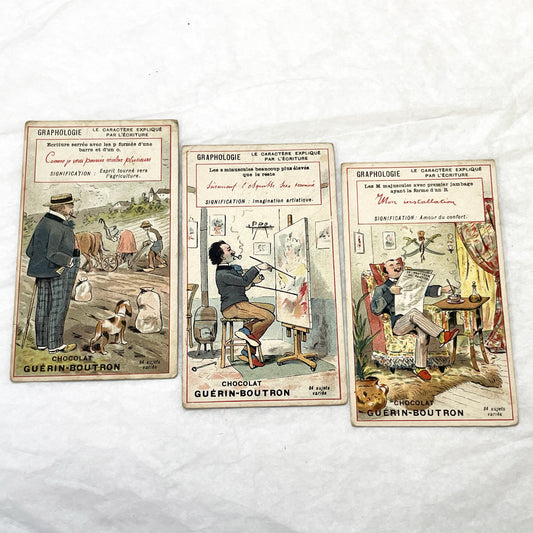 1900s - 3 French Graphology Advertising Cards - Chocolat Guérin-Boutron Collectibles - Vintage Illustrated Trade Cards for Journals