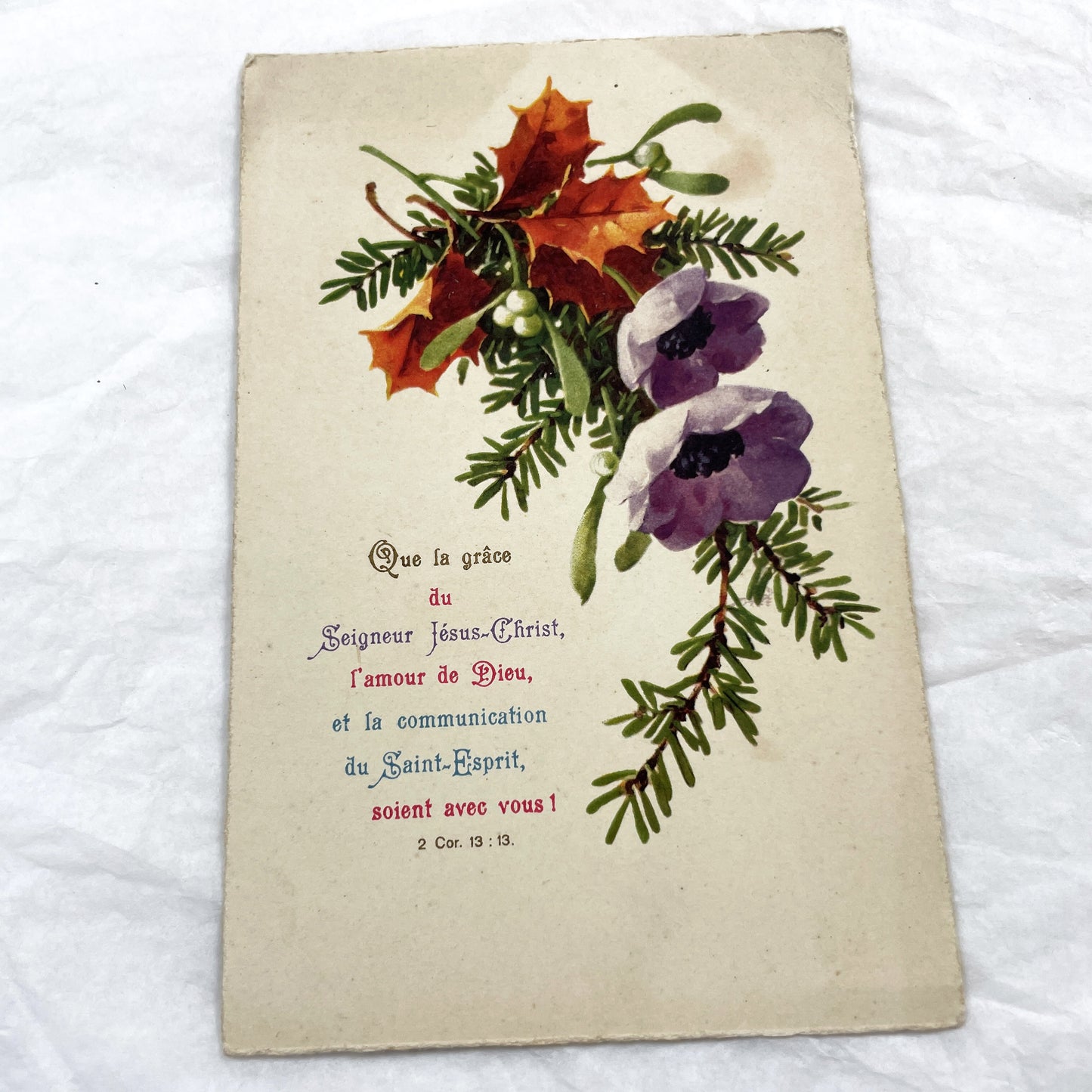 1910s - Antique French Religious Postcard - Bible Verse 2 Corinthians 13:13 - Floral Mistletoe Anemones Spiritual Greeting Card Ephemera