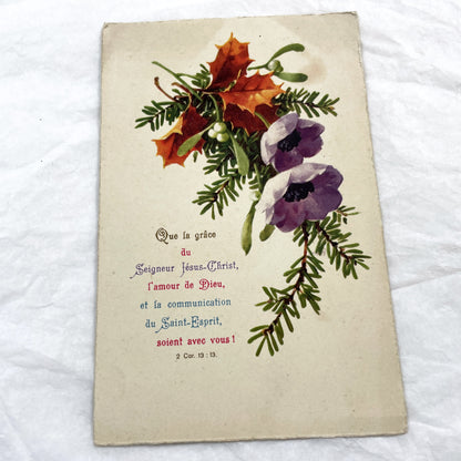 1910s - Antique French Religious Postcard - Bible Verse 2 Corinthians 13:13 - Floral Mistletoe Anemones Spiritual Greeting Card Ephemera