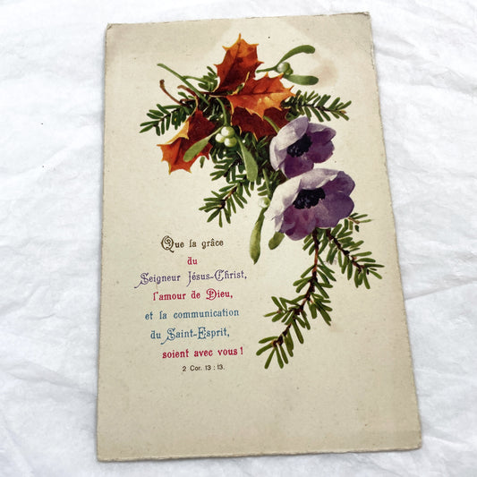 1910s - Antique French Religious Postcard - Bible Verse 2 Corinthians 13:13 - Floral Mistletoe Anemones Spiritual Greeting Card Ephemera