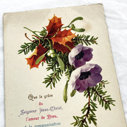 1910s - Antique French Religious Postcard - Bible Verse 2 Corinthians 13:13 - Floral Mistletoe Anemones Spiritual Greeting Card Ephemera