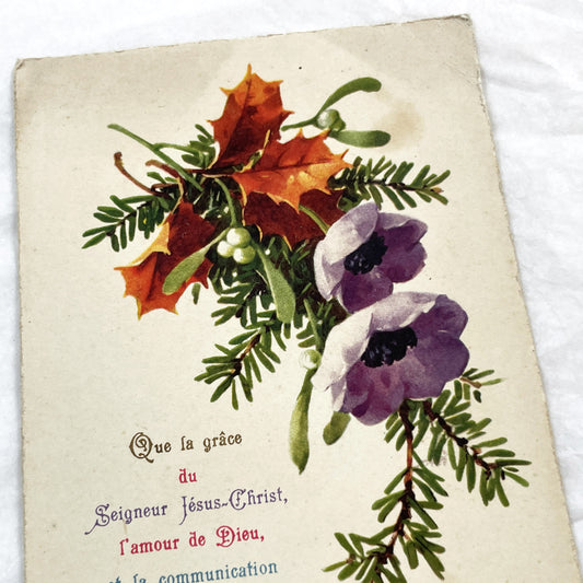 1910s - Antique French Religious Postcard - Bible Verse 2 Corinthians 13:13 - Floral Mistletoe Anemones Spiritual Greeting Card Ephemera