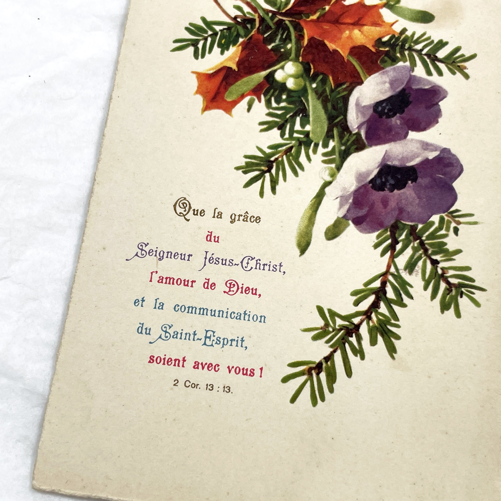 1910s - Antique French Religious Postcard - Bible Verse 2 Corinthians 13:13 - Floral Mistletoe Anemones Spiritual Greeting Card Ephemera
