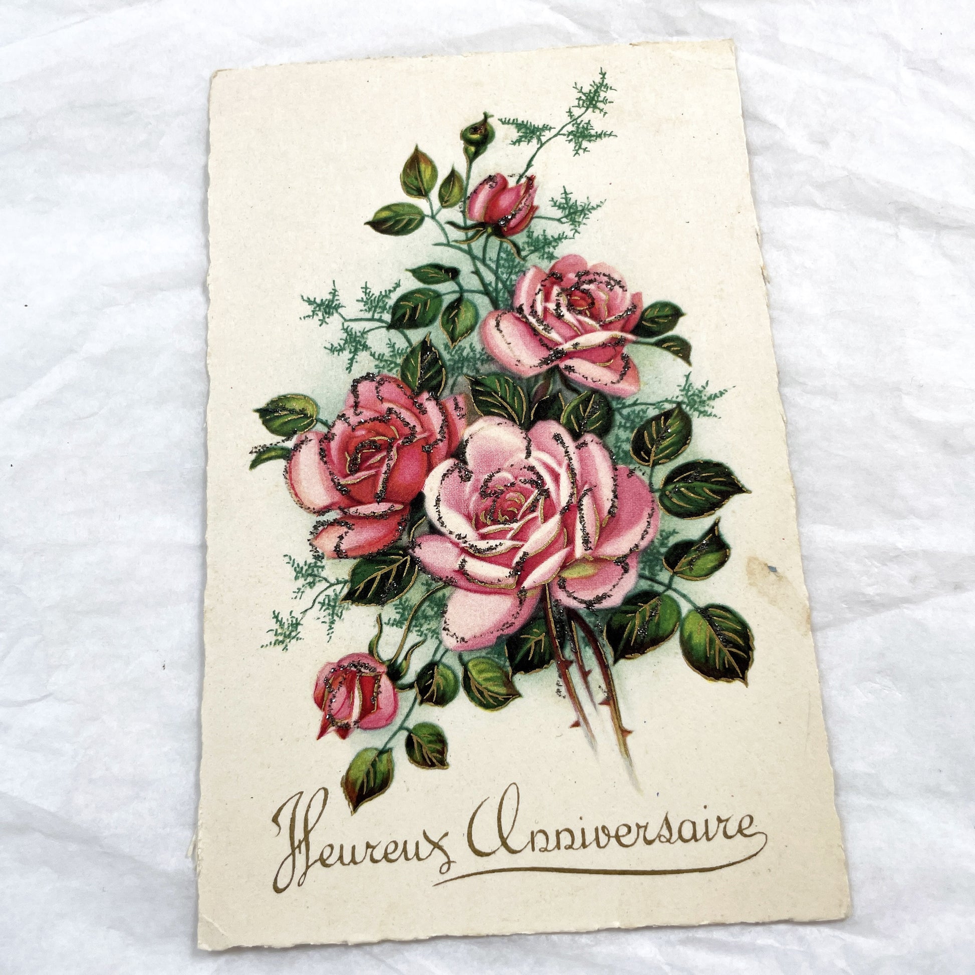 1950s - Antique French Birthday Postcard - Sparkling Pink Roses - Heureux Anniversaire Greeting Card - Vintage Floral Ephemera