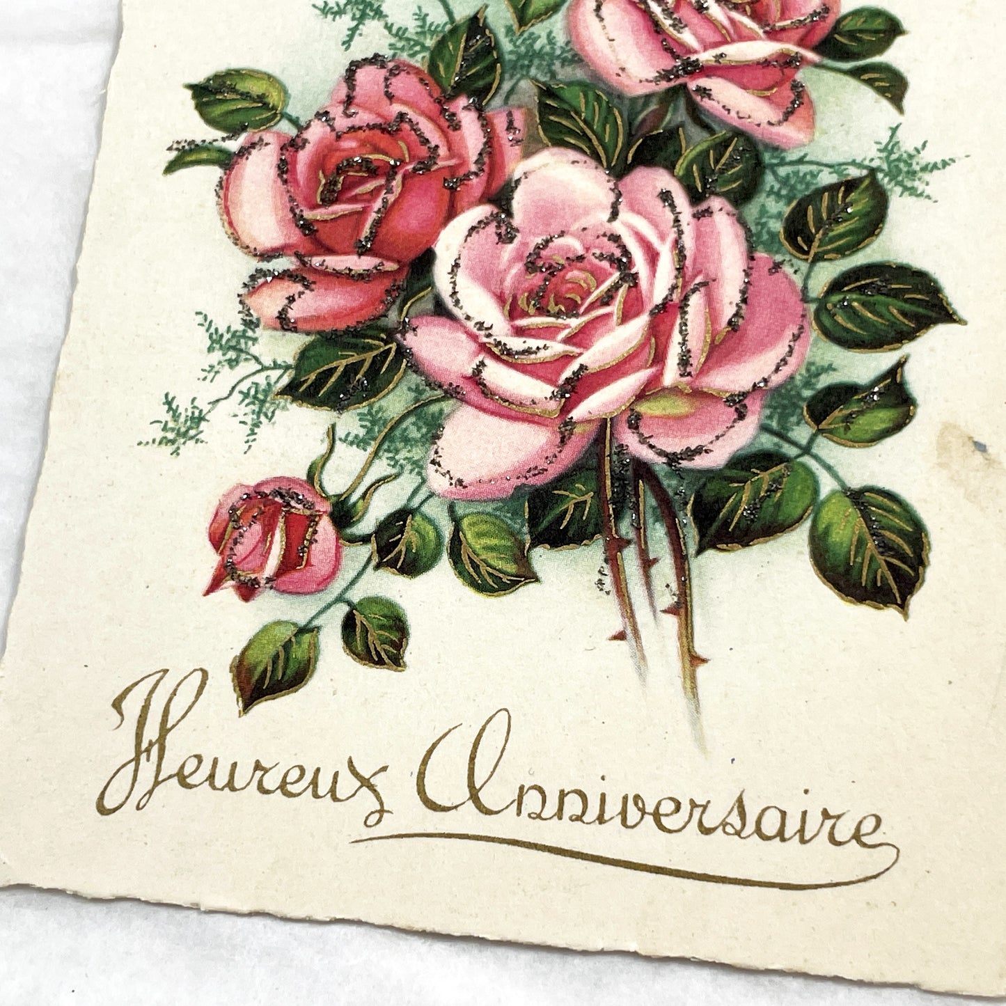 1950s - Antique French Birthday Postcard - Sparkling Pink Roses - Heureux Anniversaire Greeting Card - Vintage Floral Ephemera