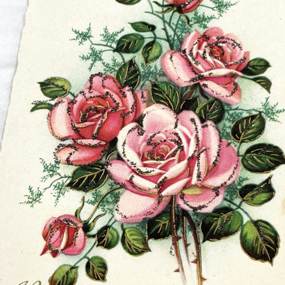 1950s - Antique French Birthday Postcard - Sparkling Pink Roses - Heureux Anniversaire Greeting Card - Vintage Floral Ephemera