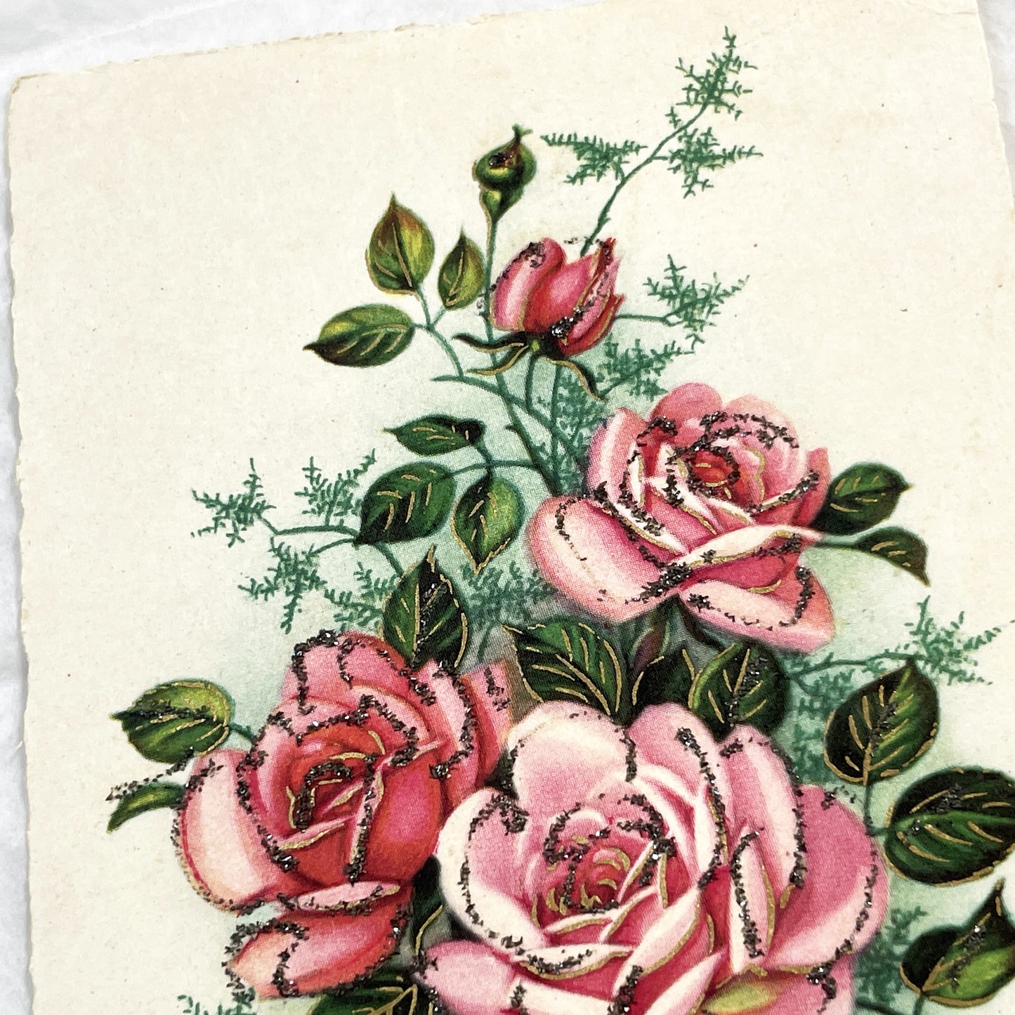 1950s - Antique French Birthday Postcard - Sparkling Pink Roses - Heureux Anniversaire Greeting Card - Vintage Floral Ephemera