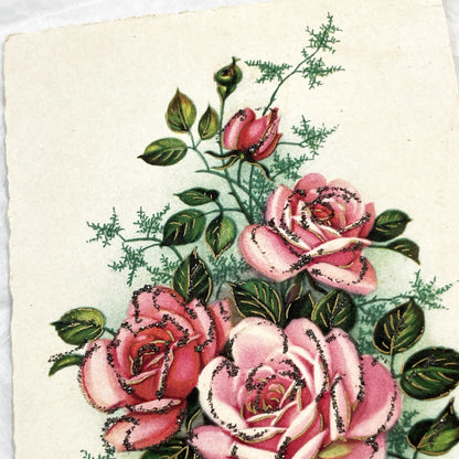 1950s - Antique French Birthday Postcard - Sparkling Pink Roses - Heureux Anniversaire Greeting Card - Vintage Floral Ephemera