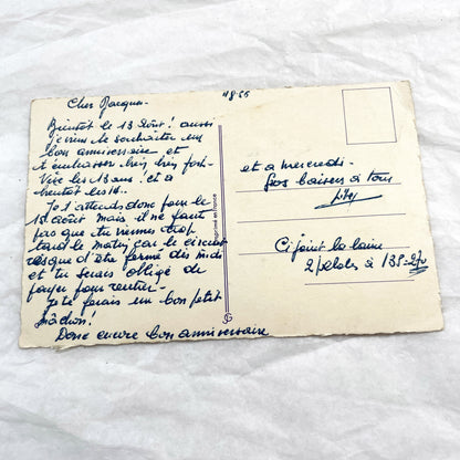 1950s - Antique French Birthday Postcard - Sparkling Pink Roses - Heureux Anniversaire Greeting Card - Vintage Floral Ephemera
