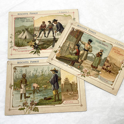 1900s - 3 Biscuits Pernot Trade Cards - World Industries - Canada - Serbia - China - Antique Advertising Ephemera - Collectible French