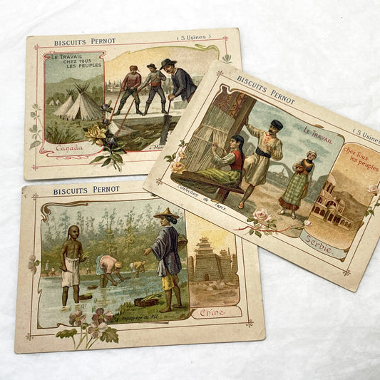 1900s - 3 Biscuits Pernot Trade Cards - World Industries - Canada - Serbia - China - Antique Advertising Ephemera - Collectible French