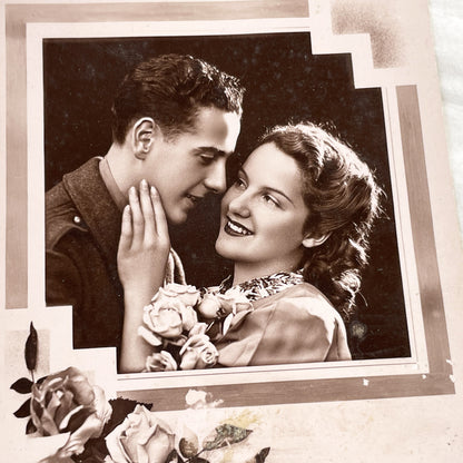 1940s - Vintage French Romantic Postcard - Loving Couple Embrace - Sentimental Love Message - Historical Ephemera - Floral Design