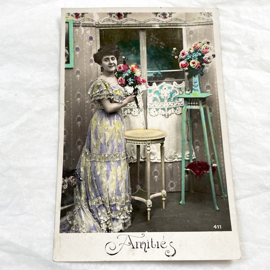 1910s - Elegant Lady Postcard - Vintage French Amities Greeting - Hand-Colored Photograph - Edwardian Fashion - Floral Bouquet