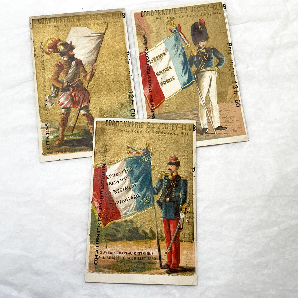 Late 19th - 3 French Advertising Chromo Cards by Jockey Club Shoemaker - Historical Military Flags and Soldiers - Vintage Ephemera