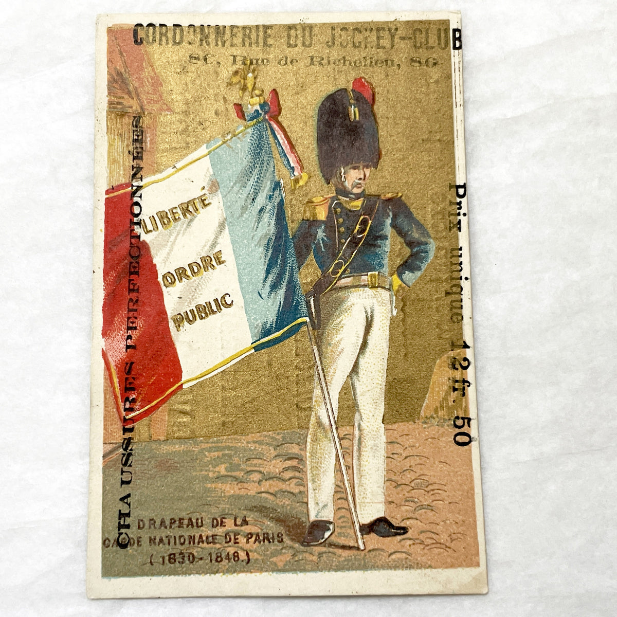 Late 19th - 3 French Advertising Chromo Cards by Jockey Club Shoemaker - Historical Military Flags and Soldiers - Vintage Ephemera