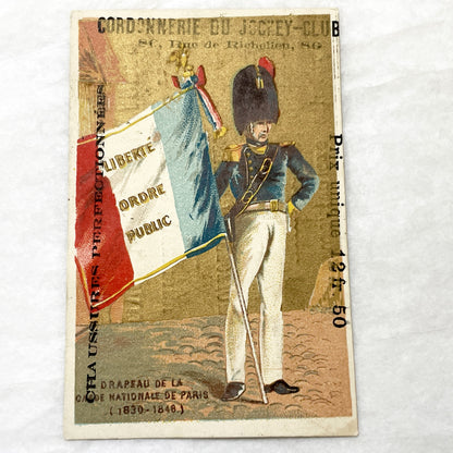 Late 19th - 3 French Advertising Chromo Cards by Jockey Club Shoemaker - Historical Military Flags and Soldiers - Vintage Ephemera