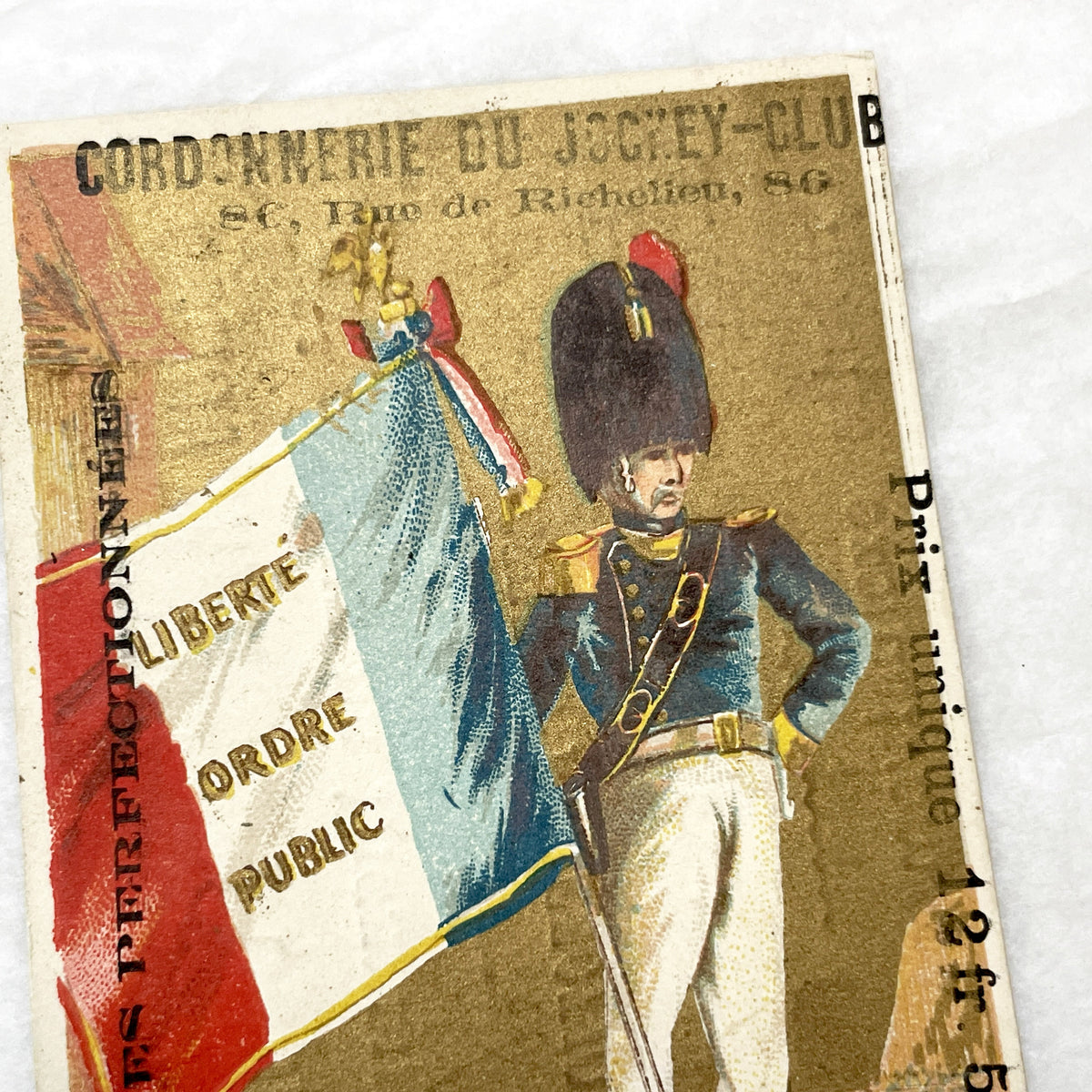 Late 19th - 3 French Advertising Chromo Cards by Jockey Club Shoemaker - Historical Military Flags and Soldiers - Vintage Ephemera