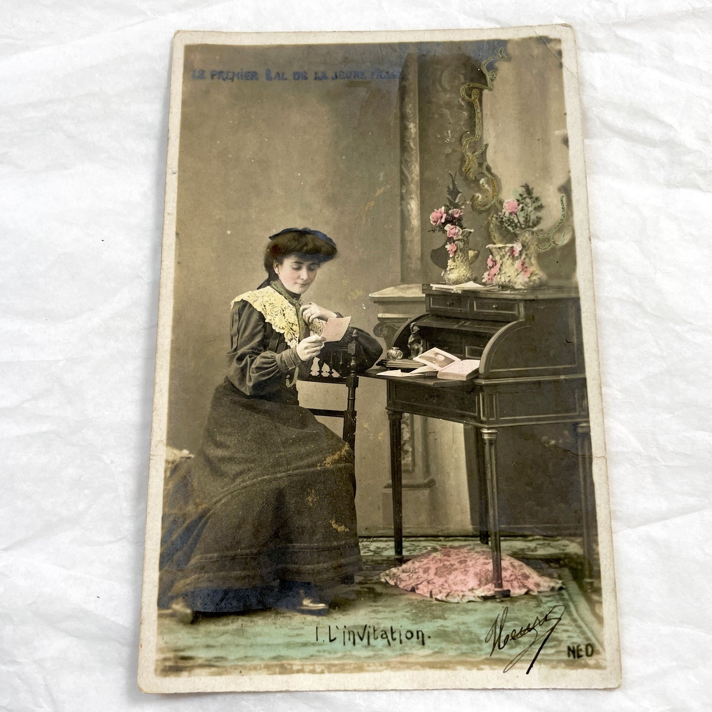 1900s - Antique French Hand-Colored Postcard - Elegant Woman Reading Letter - Belle Epoque Lady - Formal Attire - Writing Desk - Ned