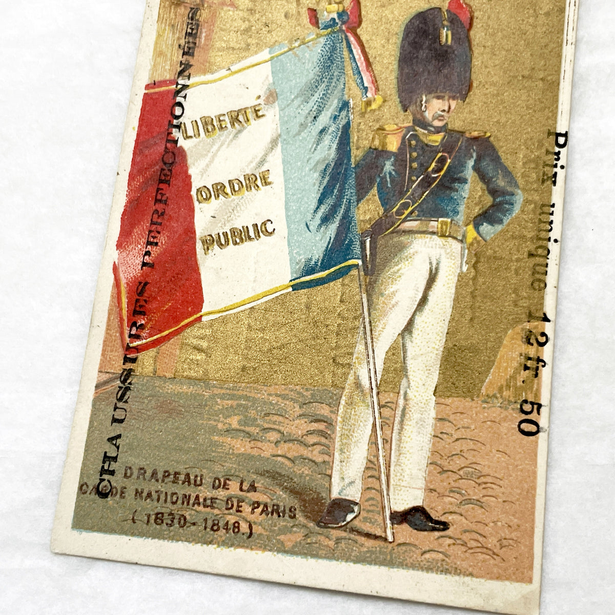 Late 19th - 3 French Advertising Chromo Cards by Jockey Club Shoemaker - Historical Military Flags and Soldiers - Vintage Ephemera