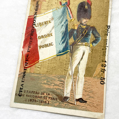 Late 19th - 3 French Advertising Chromo Cards by Jockey Club Shoemaker - Historical Military Flags and Soldiers - Vintage Ephemera