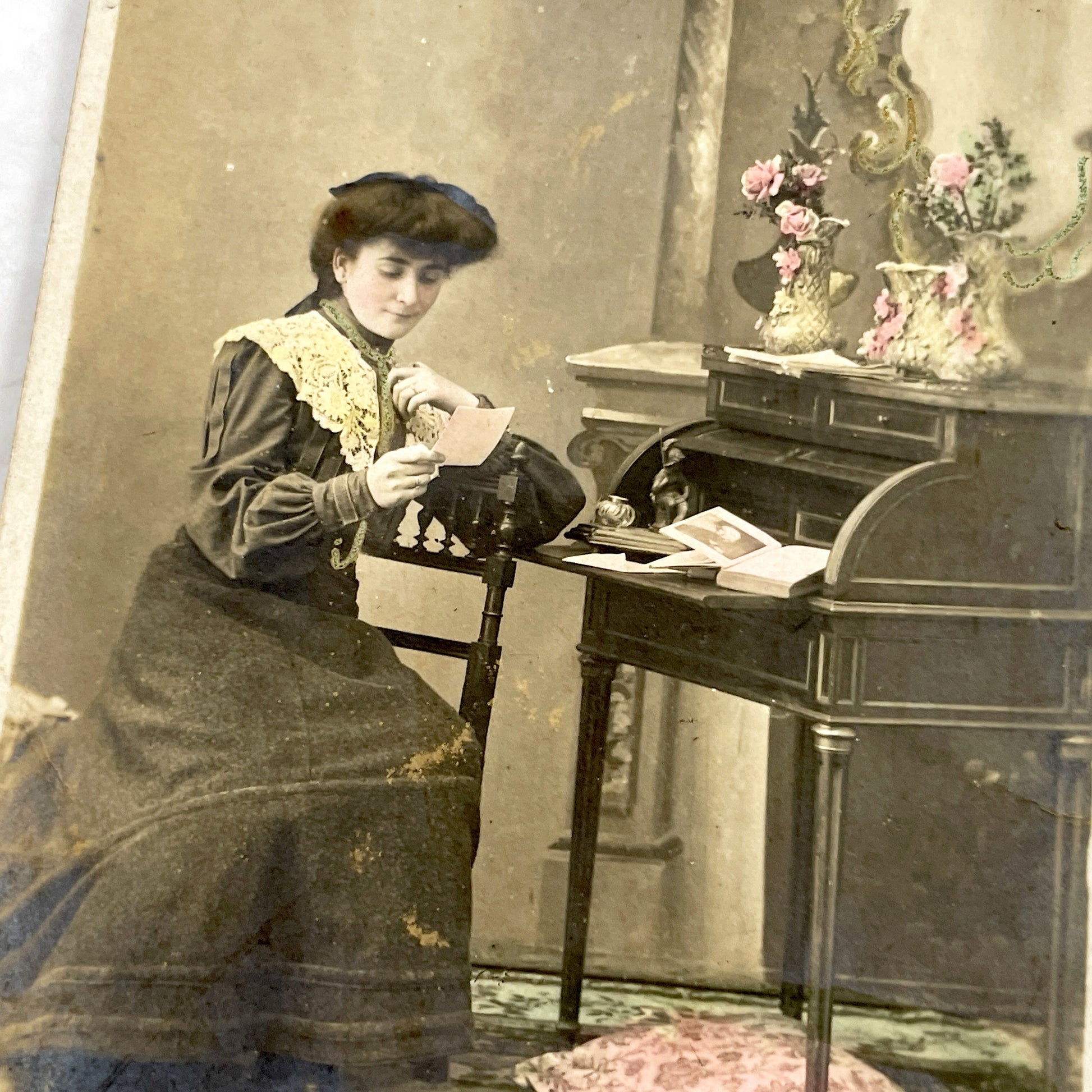 1900s - Antique French Hand-Colored Postcard - Elegant Woman Reading Letter - Belle Epoque Lady - Formal Attire - Writing Desk - Ned