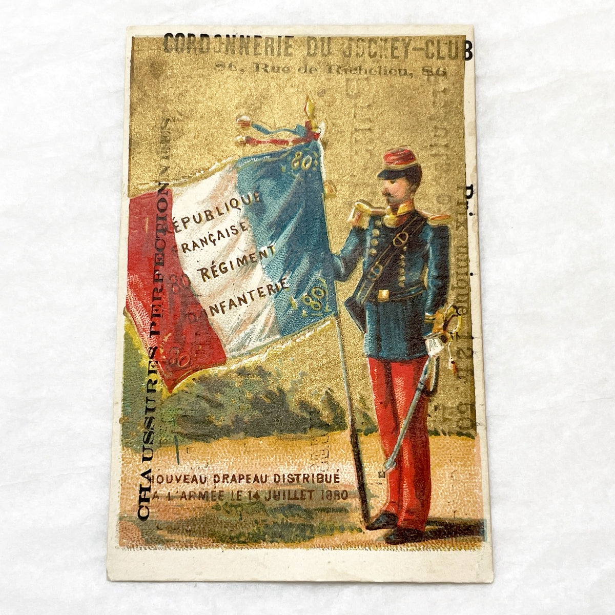 Late 19th - 3 French Advertising Chromo Cards by Jockey Club Shoemaker - Historical Military Flags and Soldiers - Vintage Ephemera