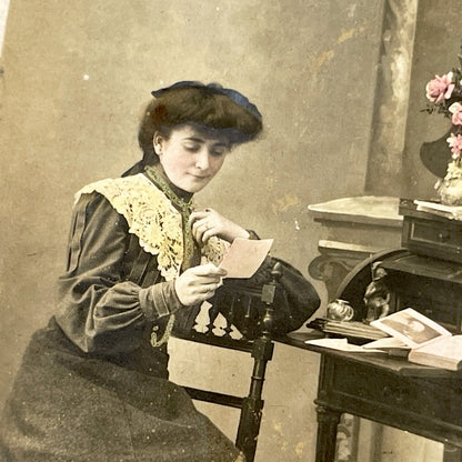 1900s - Antique French Hand-Colored Postcard - Elegant Woman Reading Letter - Belle Epoque Lady - Formal Attire - Writing Desk - Ned