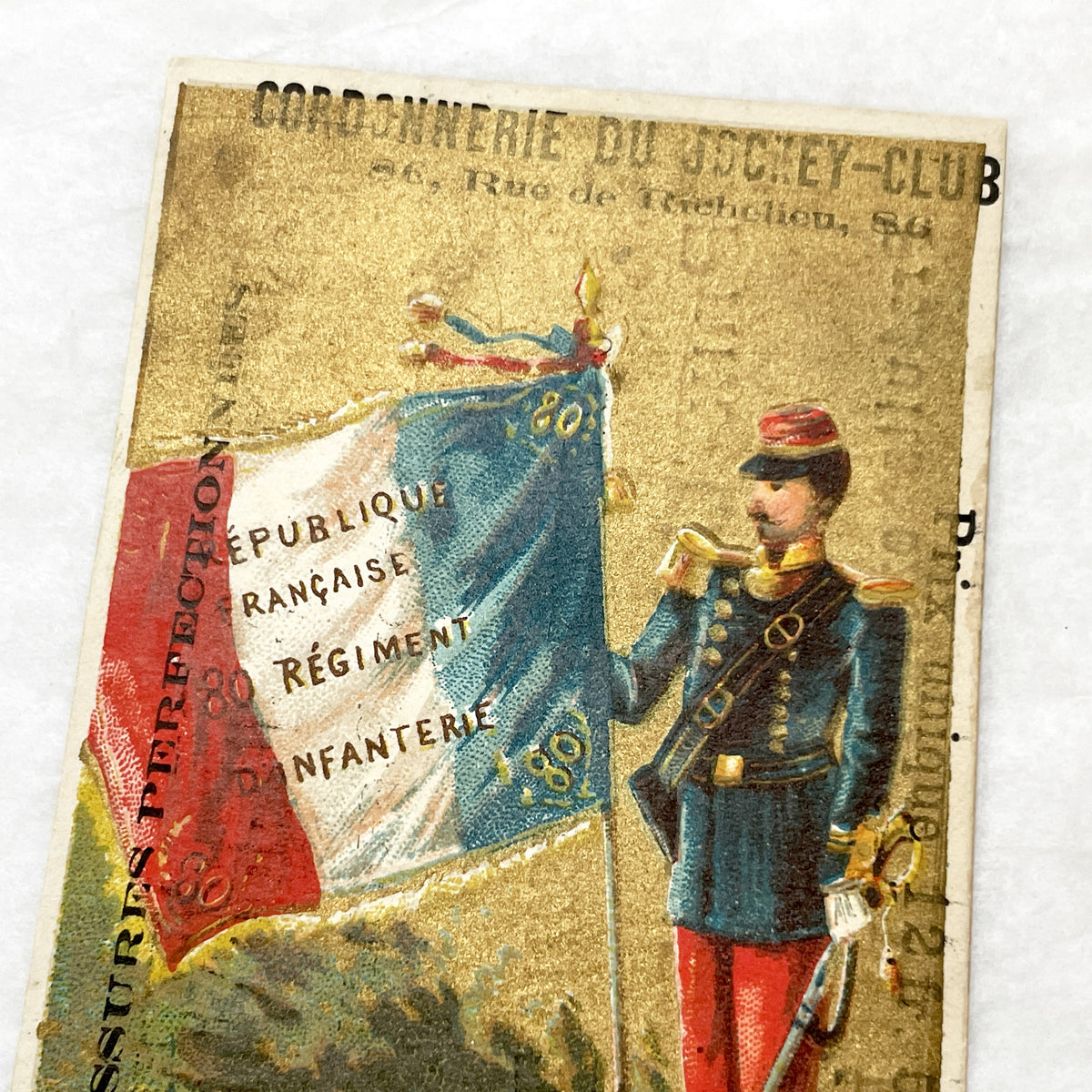 Late 19th - 3 French Advertising Chromo Cards by Jockey Club Shoemaker - Historical Military Flags and Soldiers - Vintage Ephemera