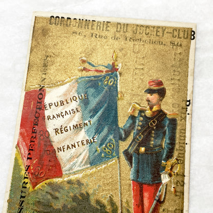Late 19th - 3 French Advertising Chromo Cards by Jockey Club Shoemaker - Historical Military Flags and Soldiers - Vintage Ephemera